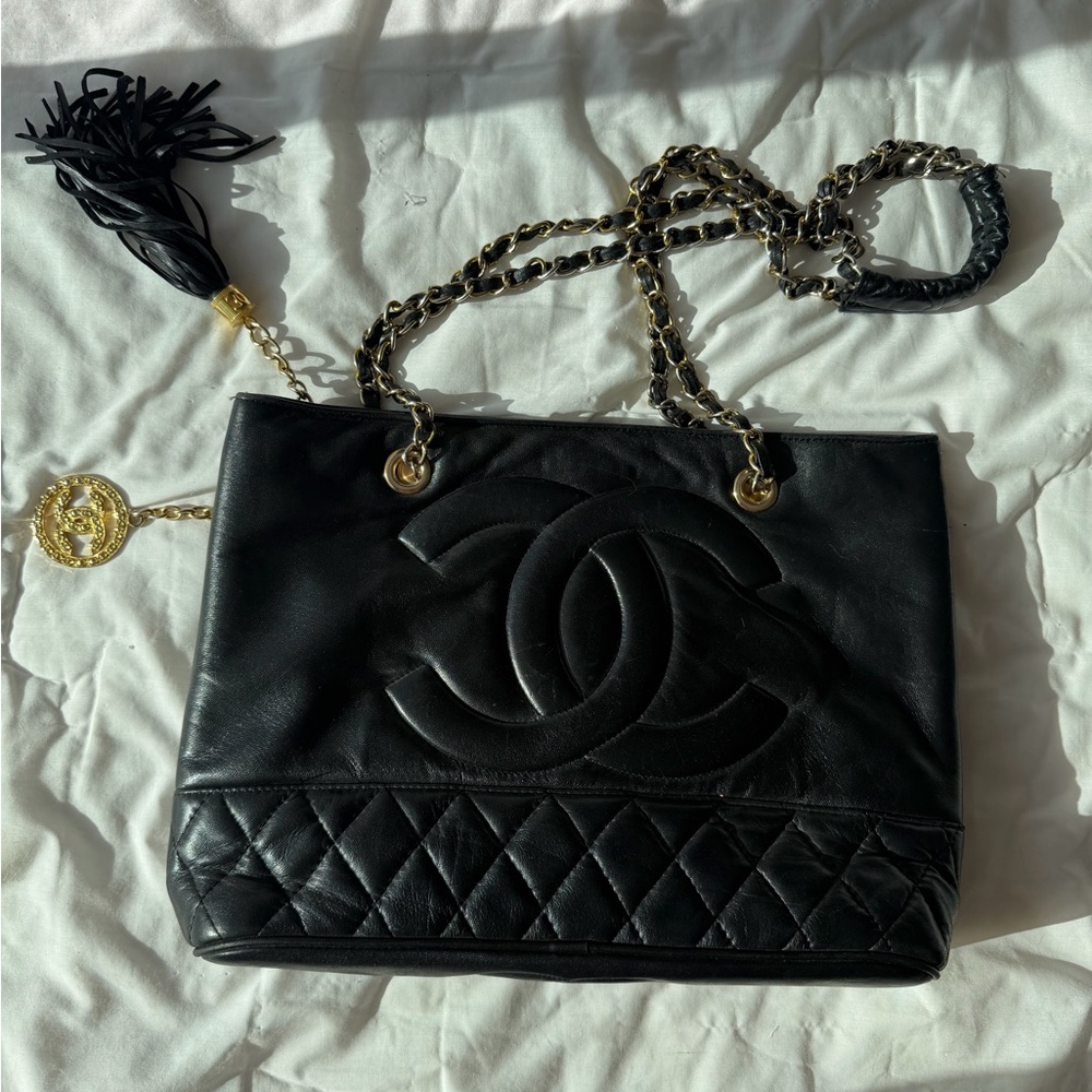 Vintage Chanel Black Quilted Leather Tote Bag